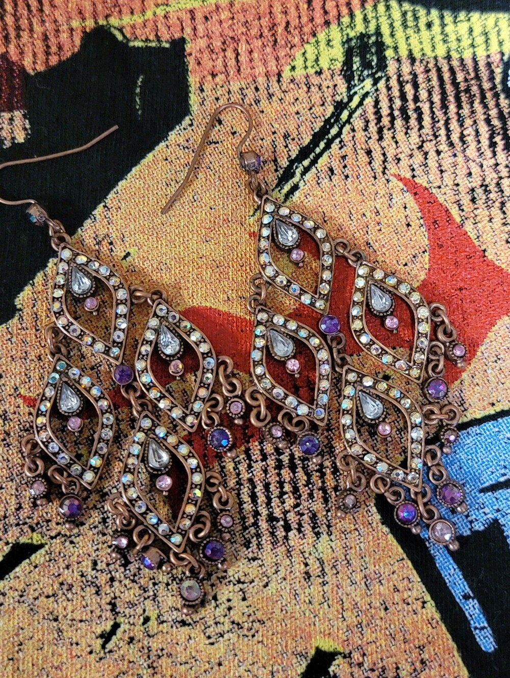 Bohemian Filigree Chandlier Dangle Earrings in Purple Pinkand Iridescent Crystal